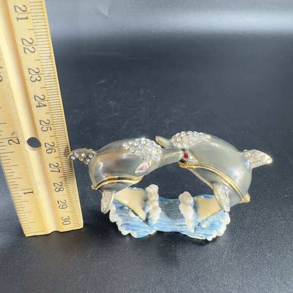 Vintage Enamel Hinged Lid Trinket Box Loving Dolphins Marked CR Metal Trinket - Picture 3 of 13